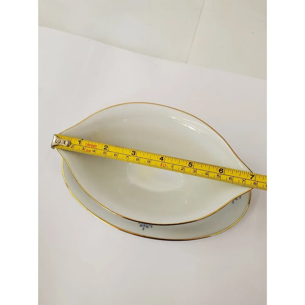 Johann Seltmann Vohenstrauss Bavaria Gravy Boat Attached Plate Blue Gold Trim